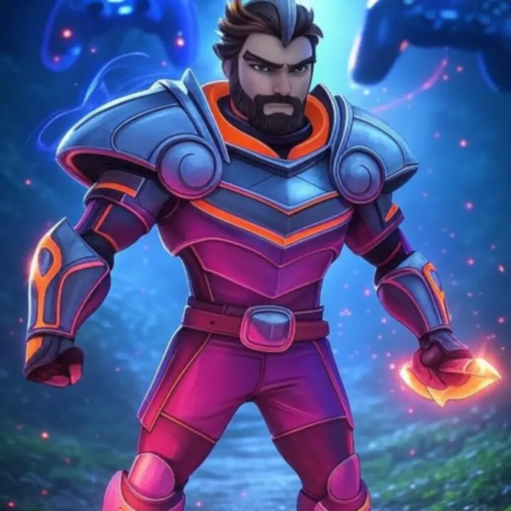 Stijlvolle hero-banner met gamevisuals in middernachtblauw, neon-oranje en paars