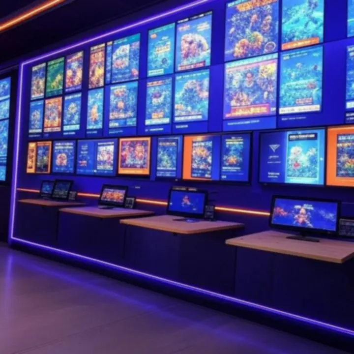 Voorbeeld van de Orimavex gamecatalogus met verschillende gamecovers en energieke neonaccenten.